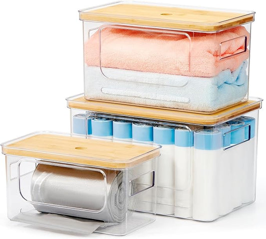 Trash Bag Holder 3-Pack,Trash Bag Dispenser with Bamboo Lid, Stackable Acrylic Garbage Bag Dispenser for Under Sink Use in Kitchen, Laundry Room, and Pantry, Large Capacity Garbage Bag Holder