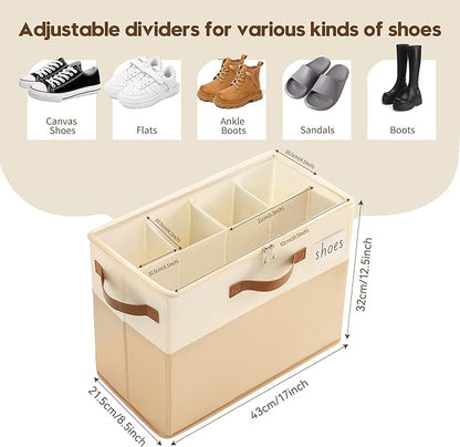 Varhomax Shoe Organizer Box 2 Pack for Closet,Small Fabric Shoe Storage Bin with Adjustable Dividers & Clear Cover, Saving Space Sneakers & Sandals Containers for Entryway, Cubby