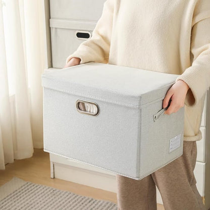 PRANDOM Large Collapsible Storage Bin with Lid [1-Pack] Fabric Foldable Storage Box Organizer Container Basket Cube with Cover for Home Bedroom Closet Office Beige (17.3x11.8x11.8)