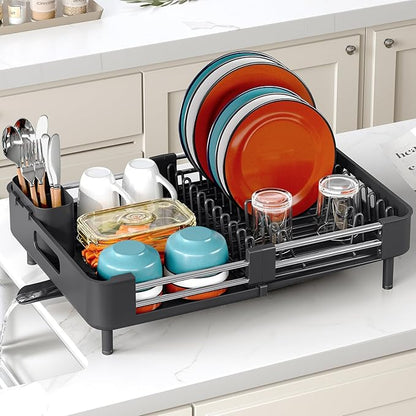 TOOLF Dish Drying Rack with Drainboard, Extendable Dish Rack for Kitchen Counter, Expandable Dish Drainer, Dish Strainer, Foldable Home Countertop Plate Storage Rack with Cutlery Holder, Black