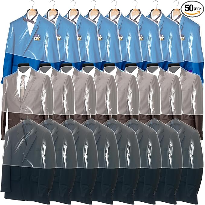 Chumia 50 Pieces Clear Shoulder Cover for Clothes Closet Bulk, Plastic Hanger Covers for Hanging Clothes Shoulder Garment Dust Cover Protectors for Men Women Suit Coats Jackets Dress(21.5'' X 15.5")