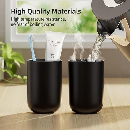MOPMS Toothbrush Cup 13oz 380ml, Unbreakable Reusable Bathroom Tumbler 2Pcs, Non-Slip Plastic Bathroom Cup Toothbrush Holders for Bathroom, Black