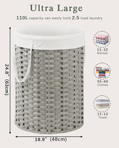 Laundry Basket Round Rattan Laundry Hamper 29.1 Gal(110 L) Handwoven Large Wicker Basket with Handles, Wicker Hamper with Removable Bags and 2 Mesh Bags for Bathroom Living Room Gray(No Lid)