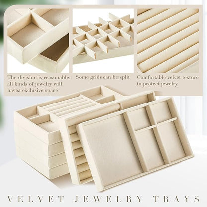 Junkin 18 Pcs Velvet Jewelry Tray Stackable Jewelry Drawer Organizer Jewellery Box Divided Display Tray for Earring Bangle(Beige)