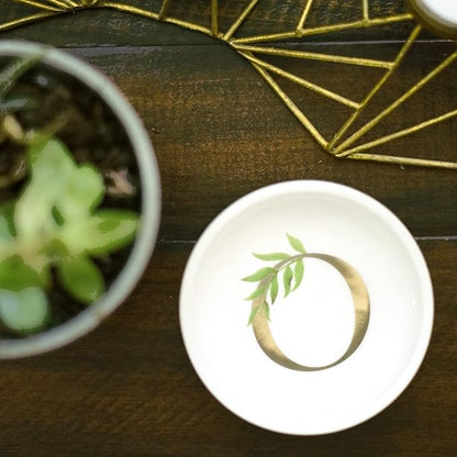 Trinket Tray Ring Dish with Personalized O in Gold Foil and Greenery - White Ring Dish- Monogrammed Trinket Dish or Jewelry Bowl - Cedar & Ink (O)