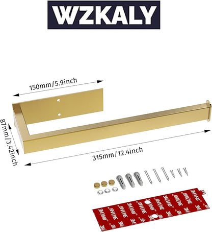 Paper Towel Holder, SUS304 Stainless Steel Under Cabinet Paper Towel Bar, Self Adhesive or Wall Mount, Paper Towel Roll Rack for Kitchen and Bathroom (Brushed Gold)