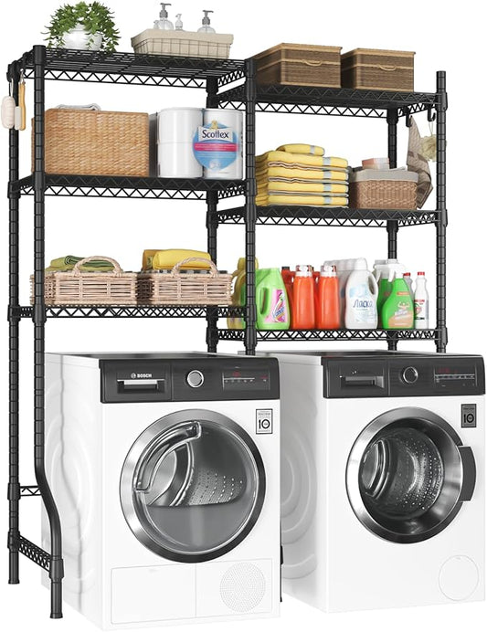 U15 Over Washer and Dryer Storage Shelves, Laundry Above Washer Dryer Storage Rack Space Saver, 6-Tier Wire Shelf with 4 Hooks for Organization, 63.4"W x 17.3"D x 76.4"H, Holds 568lbs, Black