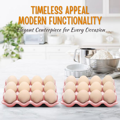 Flexzion 12 Cups Ceramic Egg Holder for Fridge - Dozen Ceramic Egg Tray Porcelain Container Storage Organizer Decorative Serving Stand Serveware for Refrigerator Countertop Display (Pink, 2 Pack)