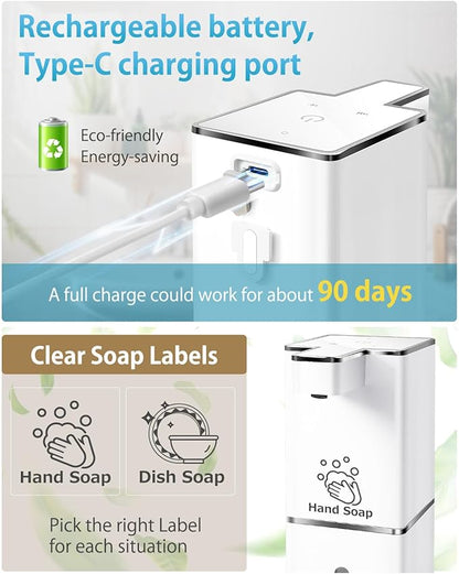 JEMISUN Automatic Foaming Soap Dispenser Touchless 380ml/12.8oz Rechargeable Hand Soap Dispenser Wall Mounted 4 Levels Adjustable Foam Soap Pump for Bathroom Kitchen Dish Soap