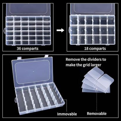 OUTUXED 2 Pack 36 Grids Clear Plastic Bead Organizer Box, Fishing Tackle Box Compartment Organizer with Adjustable Dividers for Jewelry, Art Craft, Bead Storage Containers with 5 Sheets Label Stickers