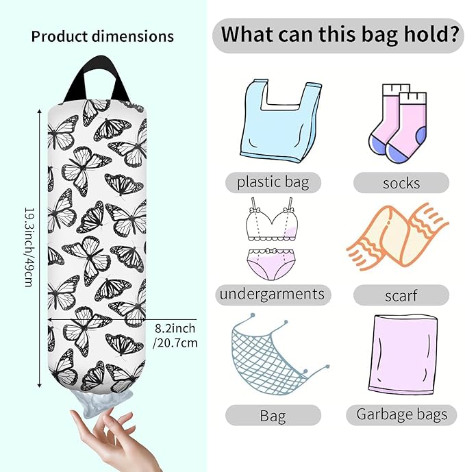 Plastic Bag Holder, Wall Mount Grocery Bag Organizer, Funny Hanging Trash Storage Dispenser for Home Kitchen Cute Butterfly Pattern