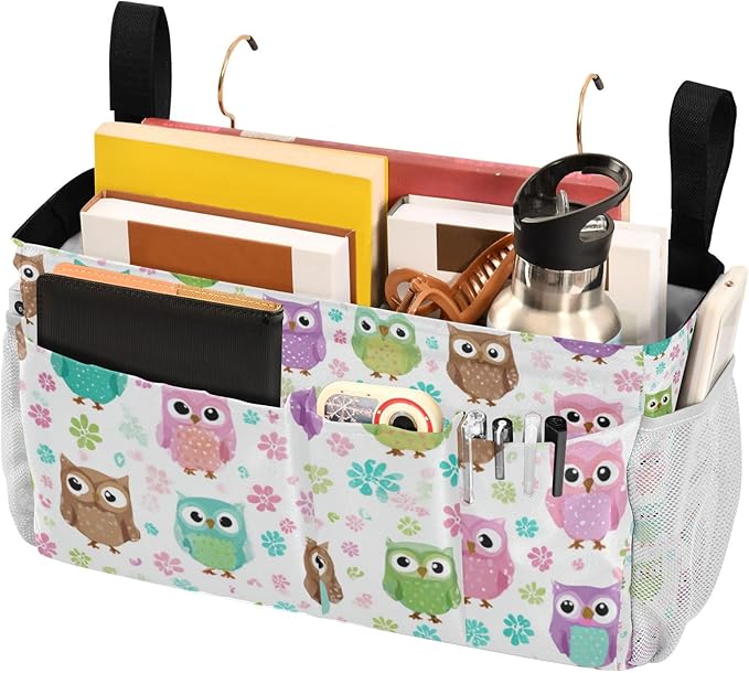 CuwrYet Bedside Caddy Hanging Bunk Bed Caddy Bed Organizer Hanging Pocket with 2 Hooks Bedside Storage Organizer Pocket Bag Holder Colorful Owls and Flowers