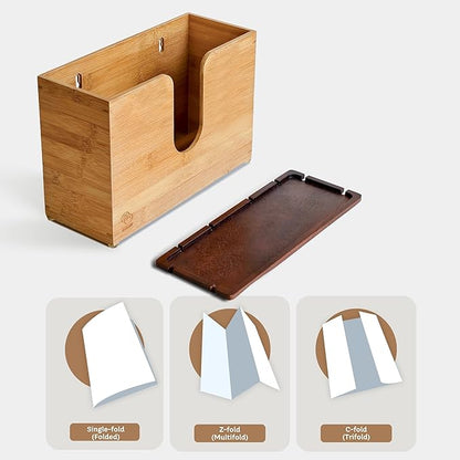 eBun Bamboo Paper Towel Holder for Multifold, Cfold, Trifold, Zfold Towels – Wall Mount or Countertop Paper Hand Dispenser with Removable Lid Tray, Modern Rustic Design for Kitchen, Bathroom & Office