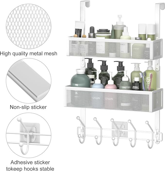 Aimeaihe Adjustable Over The Door Hooks Organizer, Door Hanger Coat Rack with 2 Mesh Baskets and 10 Hooks, Back of Door Storage Organizer for Bedroom,Bathroom,Kitchen (White)