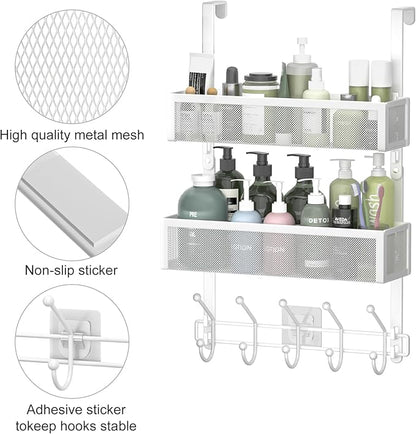 Aimeaihe Adjustable Over The Door Hooks Organizer, Door Hanger Coat Rack with 2 Mesh Baskets and 10 Hooks, Back of Door Storage Organizer for Bedroom,Bathroom,Kitchen (White)