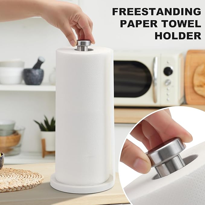 Standing Paper Towel Holder, Kitchen Paper Towel Roll Holder- for Bathroom Kitchen Countertop with Weighted Marble Base for One-Handed Operation (Silver), Silver Paper Towel Holder