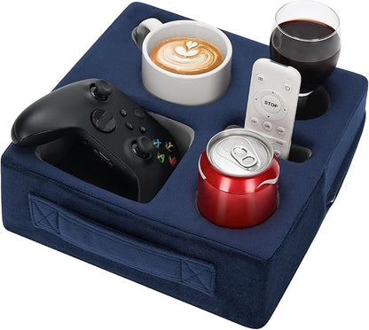 STBoo Couch Cup Holder Pillow - Sofa Drink Cup Holder Cozy Buddy | Bed Caddy Organizer Holds Remote, Snacks, Phones | Waterproof Anti-Spill Sofa Beverage Tray for Car, Pack, Beach, RV, Boat (Navy)