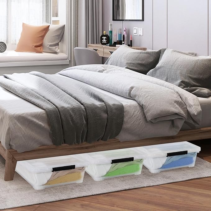 Feicanhao 42 L 4 Packs Plastic Under Bed Storage Container with Lids, Clear Underbed Storage Bin with Wheels