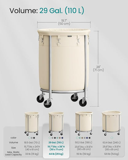 SONGMICS 29-Gallon (110 L) Laundry Basket with Wheels, Rolling Round Heavy-Duty Laundry Hamper Cart with Steel Frame and Removable Bag, 2 Locking Wheels, Cream White and Metallic Silver URLS002W01