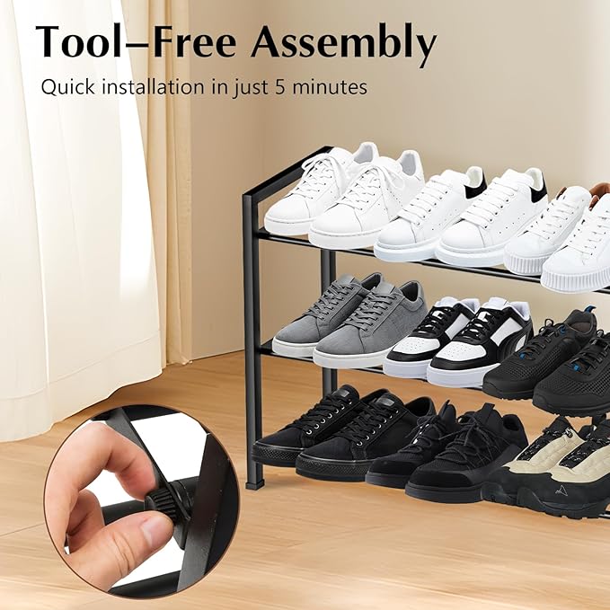 3-Tier Expandable Shoe Rack, 【17“-41“ 】Metal Shoe Shelf Organizer Storage, Adjustable Shoe Shelf Storage Organizer for Entryway/Closet, Space-Saving Shoes Shelfs for Large Families & Renters