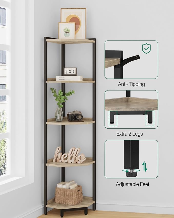 Corner Shelf Stand, Corner Bookshelf, Storage Standing Shelf Unit with Metal Frame, Plant Stand, Corner Bookcase for Living Room, Home Office, Bedroom, 5-Tier Greige CS05905B