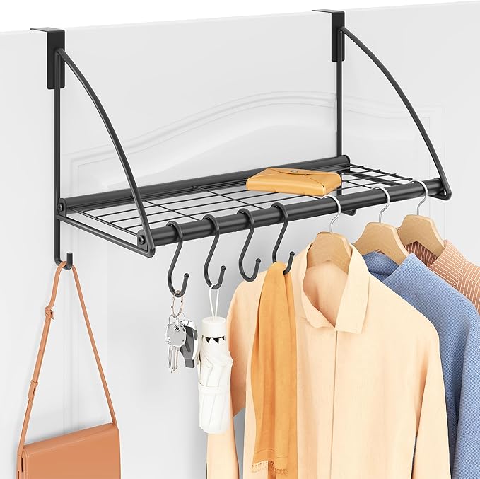 Tajsoon Over The Door Hanger with Storage Rack and 6 Hooks, Over The Door Clothes Racks for Hanging Coat, Door Rack Hanger for Bathroom, Bedroom, Living Room, Black