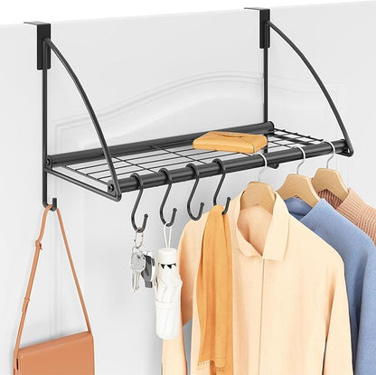 Tajsoon Over The Door Hanger with Storage Rack and 6 Hooks, Over The Door Clothes Racks for Hanging Coat, Door Rack Hanger for Bathroom, Bedroom, Living Room, Black
