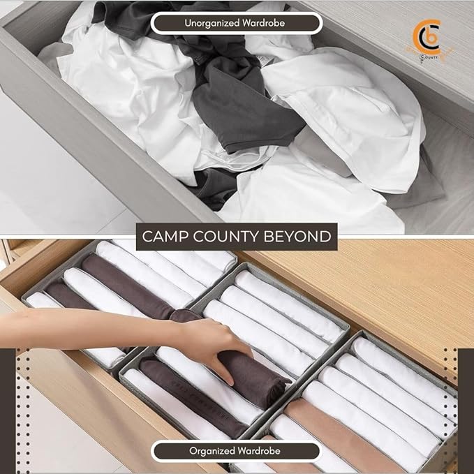 Foldable Wardrobe Clothes Organizer Storage Boxes - Set with 8 Grids- Fabric Shelf Dividers, Small Size Organizer with PPE Sheets, Stackable Clothing Box for Jeans,Pants, Sweaters,T-Shirts (Pack of 4)