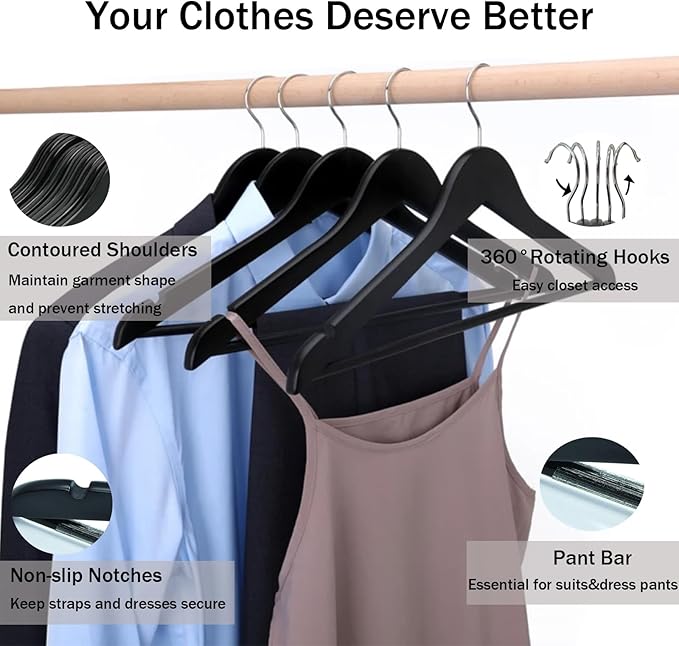 Black Wooden Coat Hangers, Durability Wood Suit Hangers with Non Slip Pant Bar, Solid Wooden Clothes Hangers with Wide Shoulder Design for Shirts, Jackets, Dress, Pants, Sweaters, 30 Pack