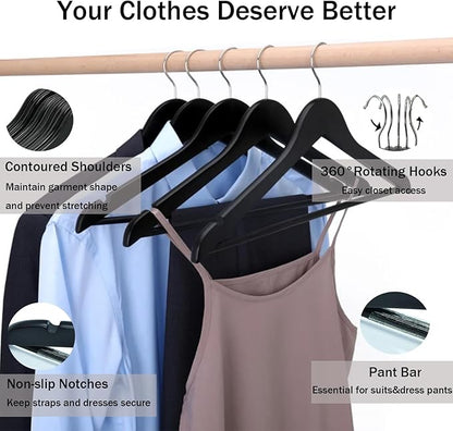 Black Wooden Coat Hangers, Durability Wood Suit Hangers with Non Slip Pant Bar, Solid Wooden Clothes Hangers with Wide Shoulder Design for Shirts, Jackets, Dress, Pants, Sweaters, 30 Pack