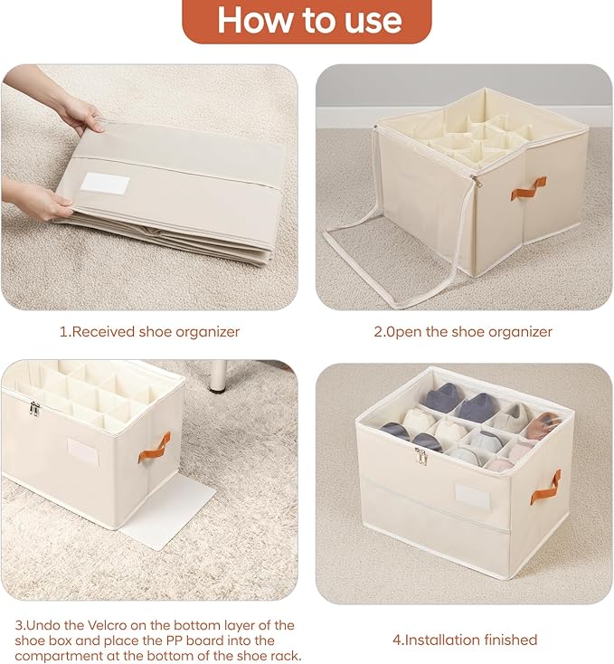 Chewlish Shoe Organizer for Closet, Foldable Shoe Box Storage Containers with Clear Cover, Smooth Zipper, Reinforced Handles and Bottom Support, Space Saving Shoes Holder, Beige (1, Small)