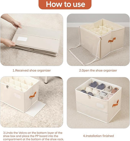Chewlish Shoe Organizer for Closet, Foldable Shoe Box Storage Containers with Clear Cover, Smooth Zipper, Reinforced Handles and Bottom Support, Space Saving Shoes Holder, Beige (1, Small)