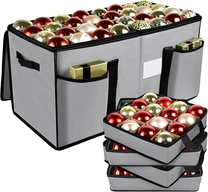 Christmas Ornament Storage Box with Dividers, Christmas Balls Storage Containers with Zipper & 8 Removable Trays, Holds Up to 128 Balls - 600D Oxford Christmas Decoration Storage Organizer (Gray)