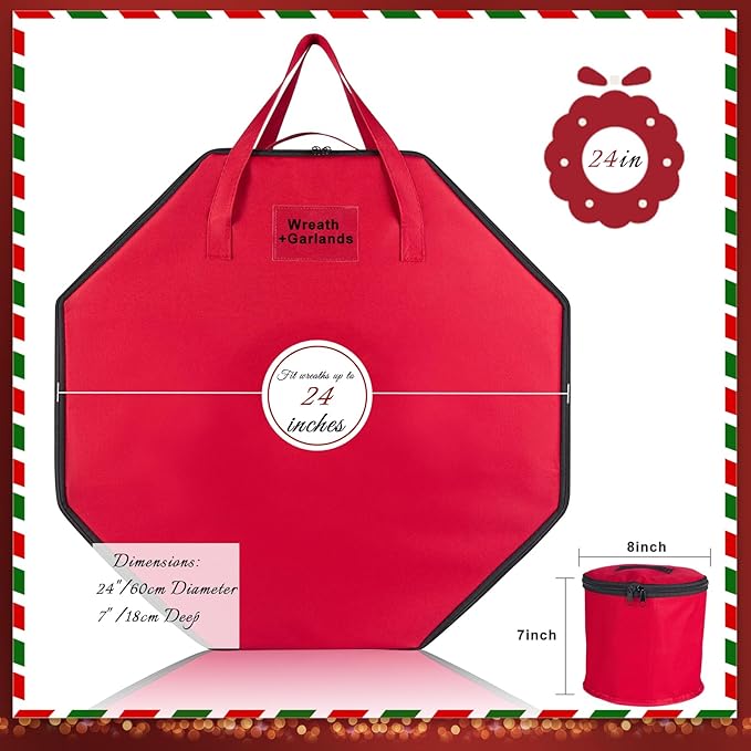 2 Pack Wreath Storage Christmas Garlands Bag with Interior Pockets Large Xmas Container Box for holiday Decorations Case with Dual Zipper and Handles Window Labeling Card Slot 24" Red