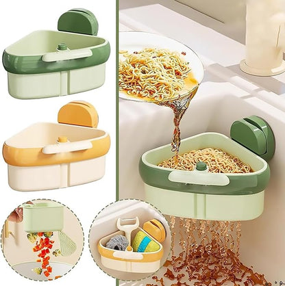 Suction Cup Sink Corner Rack – Triangular Basket with Drain, Self-Cleaning Strainer & Sponge Holder, No-Drill Wall Storage (Green+Green)