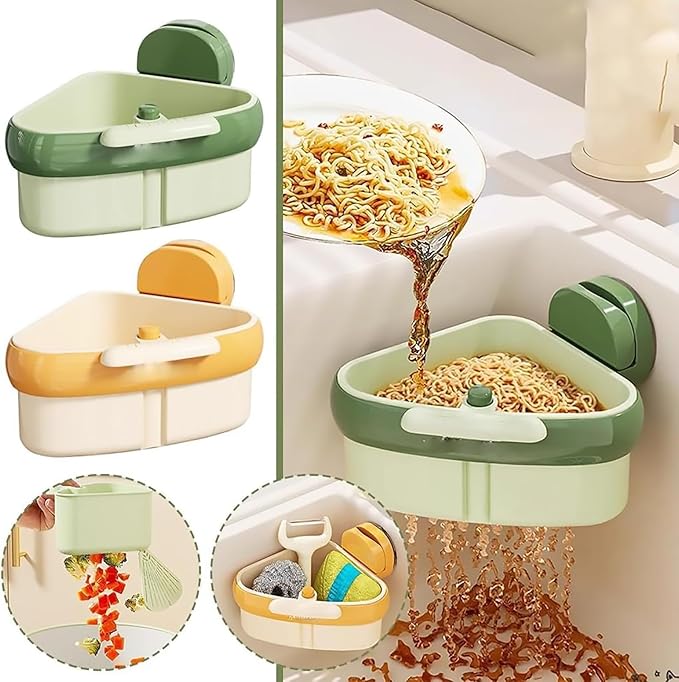 Suction Cup Sink Corner Rack – Triangular Basket with Drain, Self-Cleaning Strainer & Sponge Holder, No-Drill Wall Storage (Yellow+Yellow)