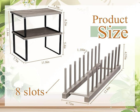 Marsui 4 Pcs Kitchen Organizer Accessories Set Cabinet Organizer Shelf and Bamboo Dish Drying Plate Rack Counter Shelves Storage Holder for Spice Rack, Dish, Pot Lid, Bowl, Cup (Gray)