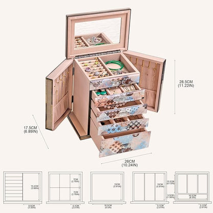 Homruilink High End Glass Jewelry Box - 5 Layer Jewelry Organizer with 2-Sided Doors and Mirror - Velvet-Lined Organizer For Ring, Necklace, Earring, Bracelet Storage - Gift For Women