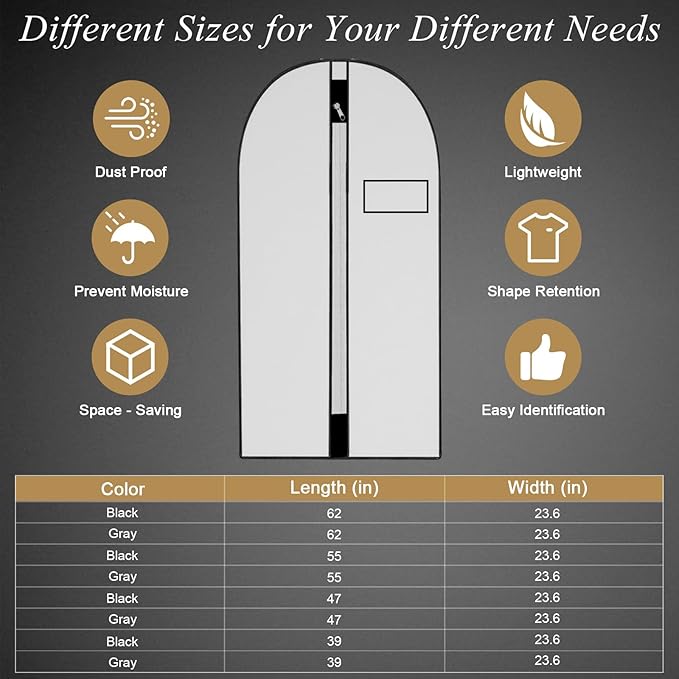 47-Inch Garment Bags Covers,Hanging Clothes Bag, Suit Cover Bags with Clear Window for Hanging Closet Clothes Storage and Travel (Black-47Inch)