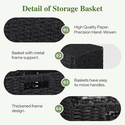Woven Wicker Storage Baskets 2-Pack, 11x11 Handwoven Paper Rope Organizer Bins, Foldable Cube Storage Cubes with Built-in Handles for Shelves and Closet Organization(Classic Black)