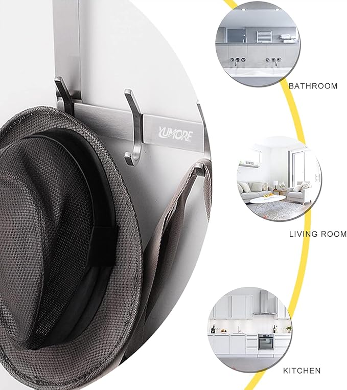 YUMORE Over The Door Hooks, SUS304 Stainless Steel Heavy Duty Door Hanger for Coats Robes Hats Clothes Towels, Hanging Towel Rack Organizer, Easy Install Space Saving Bathroom Hooks, Brushed Finish