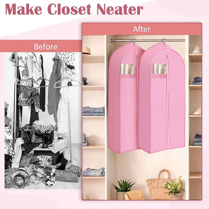 2 Pcs 10" Gusseted Garment Bags for Hanging Clothes Dress Bags for Gowns Long Closet Waterproof Garment Covers Wedding Dress Cover Traveling Clothes Protector(Pink,43 Inch)