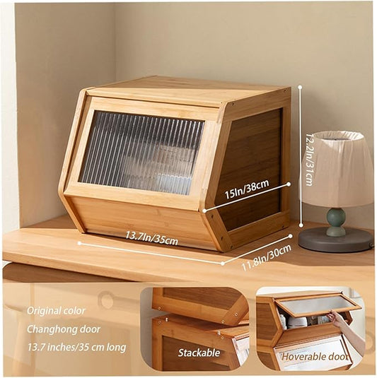 Storage Bins with Bamboo Lid – Stackable, Multi-Purpose Organizers for Pantry, Closet, Kitchen, and Home – Elegant Wicker-Style Design,Wood,13.8 * 11.8In/35 * 30cm