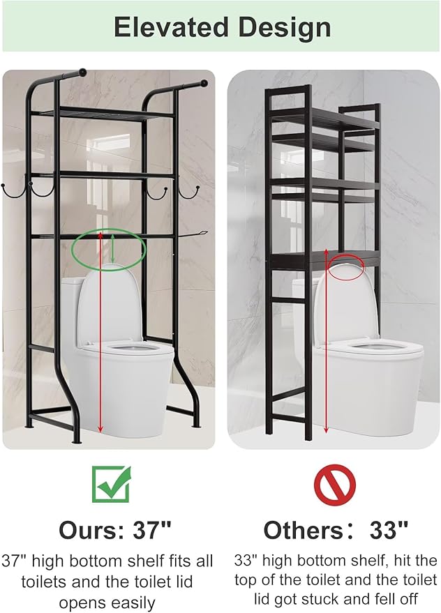 JUKAMO 3-Tier Over The Toilet Storage Shelf，Bathroom Organizers and Storage Over Toilet，Metal Bathroom Space Saver with 2 Bars，1 Paper Holder and 4 Hooks,Black