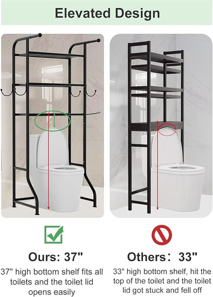 JUKAMO 3-Tier Over The Toilet Storage Shelf，Bathroom Organizers and Storage Over Toilet，Metal Bathroom Space Saver with 2 Bars，1 Paper Holder and 4 Hooks,Black