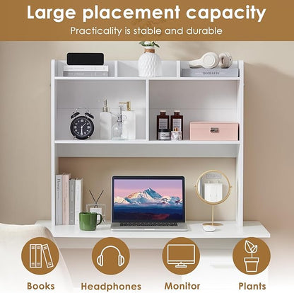 Desktop Bookshelf, Wooden Desk Storage Hutch with 5 Shelves, 3-Tier Desktop Display Organizer Rack for Office Home (White, 5 Shelves B)