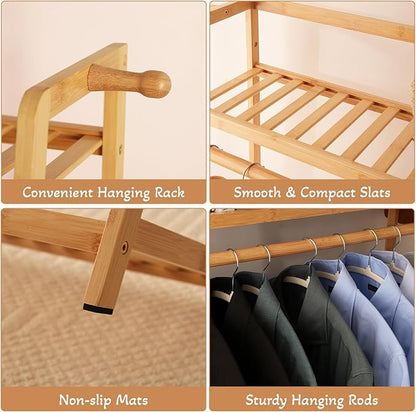 Bamboo Clothing Garment Rack 2 Tier Storage Shelf Coat Clothes Hanging Rack, Portable Wardrobe Closet Organizer With Top Shelf, Shoe Storage Shelves for Bedroom (Natural - 39.37 in)
