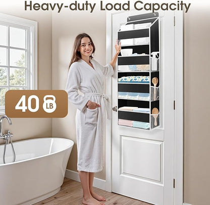 1 Pack Over The Door Organizer, Hanging Storage Organizer with Clear Window, 40lb Ultra Sturdy Large Capacity Room Organizer for Pantry Laundry Bathroom Nursery Closet (Black)