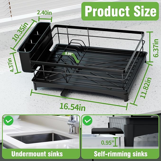 Dish Drying Rack for Kitchen Counter - Rust-Resistant Kitchen Drying Rack with Removeable Cutlery Holder, Dish Drainer Organizer with Utensil Holder for Home Kitchen for Spoons and Forks, Black