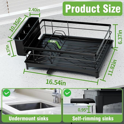 Dish Drying Rack for Kitchen Counter - Rust-Resistant Kitchen Drying Rack with Removeable Cutlery Holder, Dish Drainer Organizer with Utensil Holder for Home Kitchen for Spoons and Forks, Black